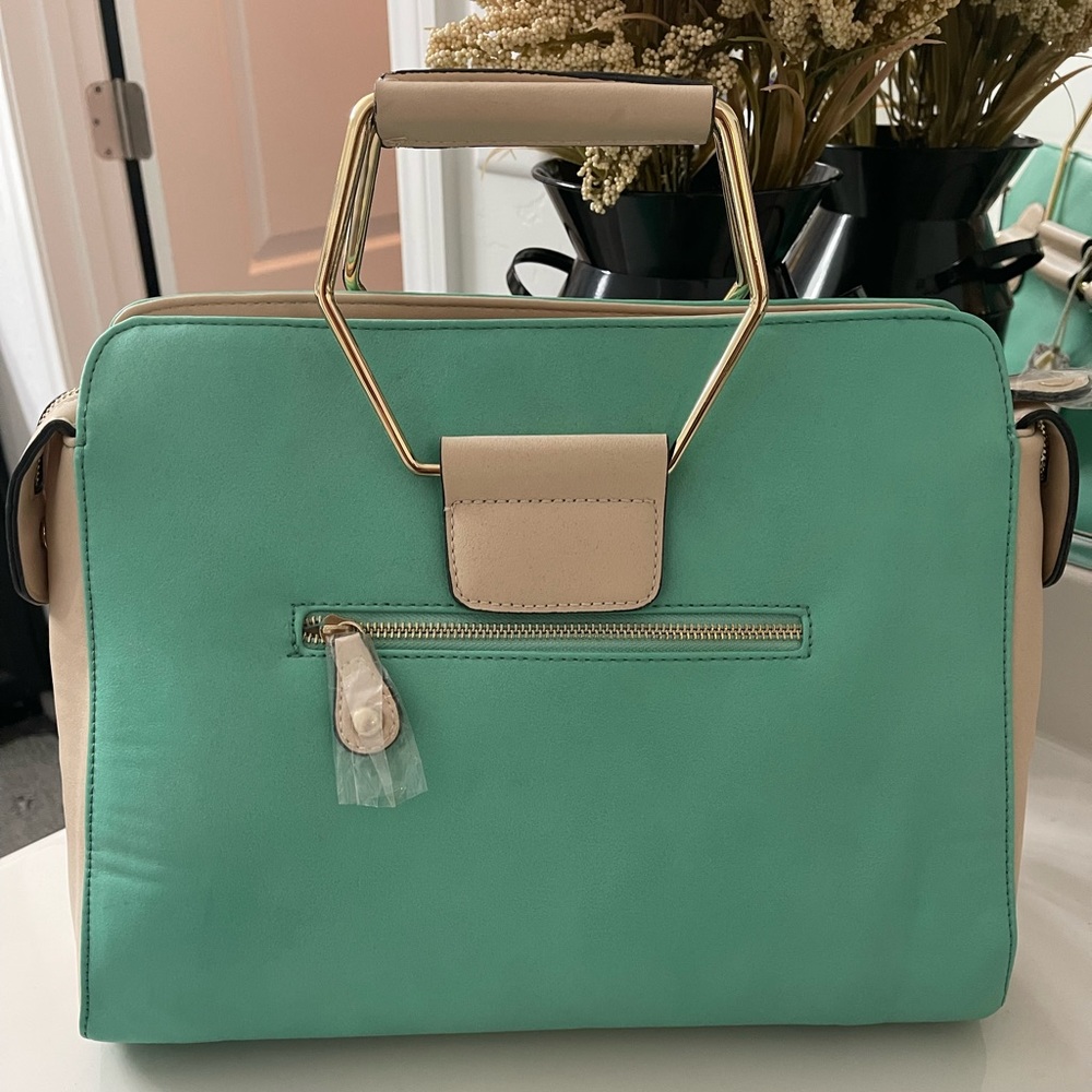 Teal Handbag with Geometric Handles